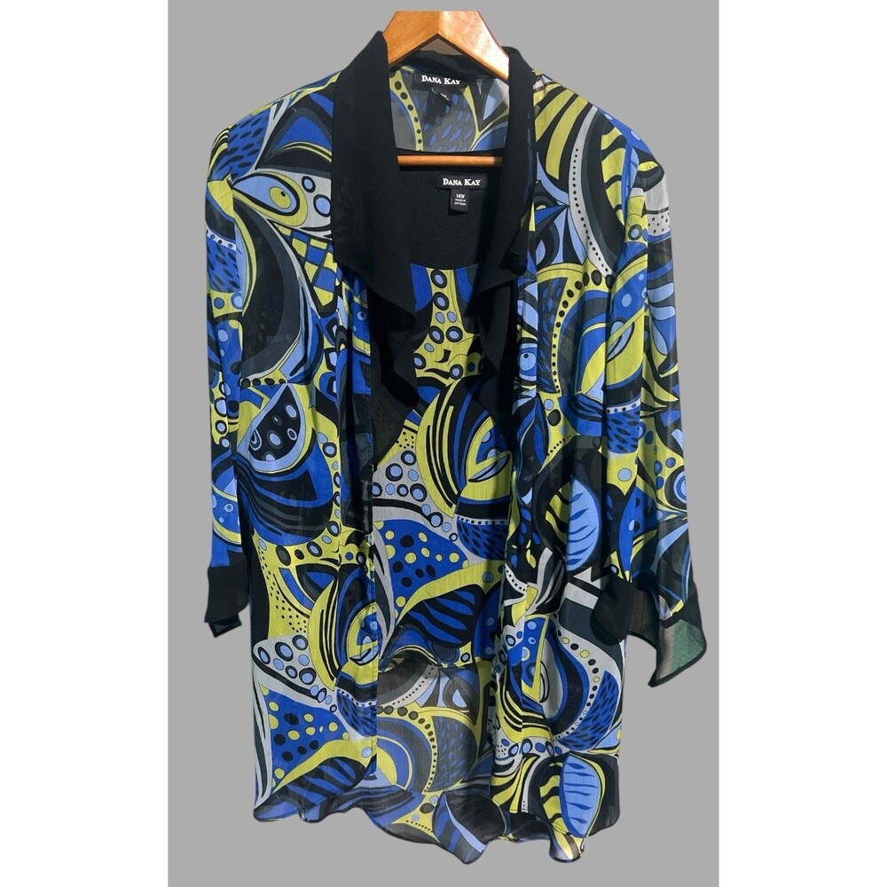 Dana Kay Blouse Women 14W Plus 2pc Sheer Jacket Set Geometric Blue Black Yellow